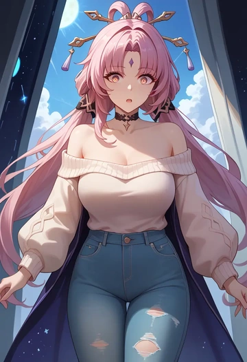 star rail,fu xuan,sweater,off-shoulder,ripped jeans  - AI generated anime art